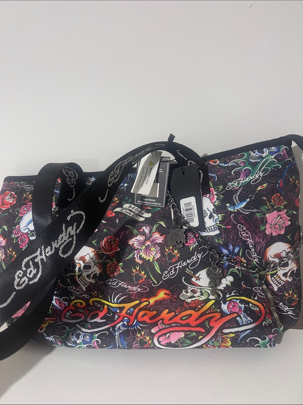 Ed Hardy Black Floral Skull Canvas Shoulder Tote with Multicolor Logo with charm